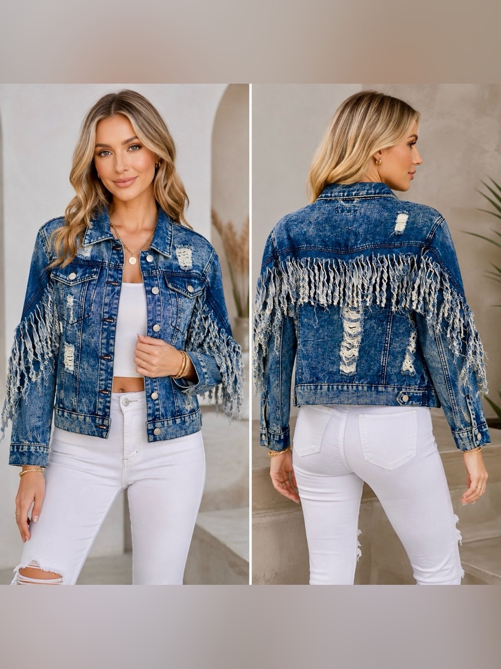 Thrill Jeans Distressed Denim Jacket Fringe Sleeves Back Large EUC Acid Wash